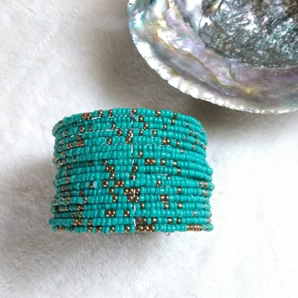 Unique Boho Beaded Bangle Bracelet statement cuff bracelet turquoise color 🤍 - Picture 4 of 5